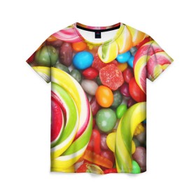 Женская футболка 3D с принтом Вкусняшки в Тюмени, 100% полиэфир ( синтетическое хлопкоподобное полотно) | прямой крой, круглый вырез горловины, длина до линии бедер | вкуснотища | вкусняшки | глазурь | жевачка | карамель | карамельки | конфетки | конфеты | леденец | мармеладки | сахар | сладости