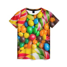 Женская футболка 3D с принтом Сладкоежка в Тюмени, 100% полиэфир ( синтетическое хлопкоподобное полотно) | прямой крой, круглый вырез горловины, длина до линии бедер | вкуснотища | вкусняшки | глазурь | жевачка | карамель | карамельки | конфетки | конфеты | леденец | мармеладки | сахар | сладости