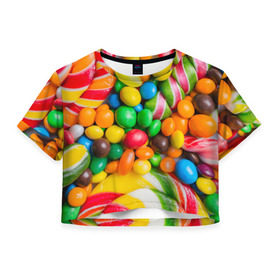 Женская футболка 3D укороченная с принтом Сладкоежка в Тюмени, 100% полиэстер | круглая горловина, длина футболки до линии талии, рукава с отворотами | вкуснотища | вкусняшки | глазурь | жевачка | карамель | карамельки | конфетки | конфеты | леденец | мармеладки | сахар | сладости