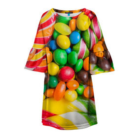 Детское платье 3D с принтом Сладкоежка в Тюмени, 100% полиэстер | прямой силуэт, чуть расширенный к низу. Круглая горловина, на рукавах — воланы | вкуснотища | вкусняшки | глазурь | жевачка | карамель | карамельки | конфетки | конфеты | леденец | мармеладки | сахар | сладости