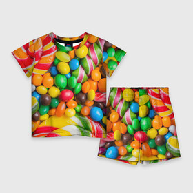 Детский костюм с шортами 3D с принтом Сладкоежка в Тюмени,  |  | вкуснотища | вкусняшки | глазурь | жевачка | карамель | карамельки | конфетки | конфеты | леденец | мармеладки | сахар | сладости