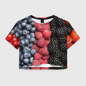 Женская футболка 3D укороченная с принтом Сочные ягоды в Тюмени, 100% полиэстер | круглая горловина, длина футболки до линии талии, рукава с отворотами | богатый урожай | брусника | ерга | земляника | клубника | клюква | малина | морожка | облепиха | рябина | смородина | сок | сочные плоды | фрукты | черника | черноплодка | шиповник | ягоды