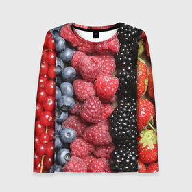 Женский лонгслив 3D с принтом Сочные ягоды в Тюмени, 100% полиэстер | длинные рукава, круглый вырез горловины, полуприлегающий силуэт | богатый урожай | брусника | ерга | земляника | клубника | клюква | малина | морожка | облепиха | рябина | смородина | сок | сочные плоды | фрукты | черника | черноплодка | шиповник | ягоды
