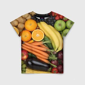 Детская футболка 3D с принтом Овощи и фрукты в Тюмени, 100% гипоаллергенный полиэфир | прямой крой, круглый вырез горловины, длина до линии бедер, чуть спущенное плечо, ткань немного тянется | апельсин | баклажан | банан | картофель | клубника | кукуруза | морковь | овощи | перец | фрукты | яблоки