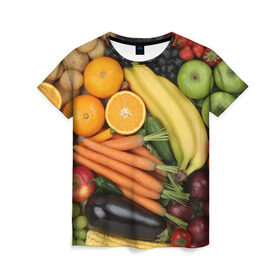 Женская футболка 3D с принтом Овощи и фрукты в Тюмени, 100% полиэфир ( синтетическое хлопкоподобное полотно) | прямой крой, круглый вырез горловины, длина до линии бедер | апельсин | баклажан | банан | картофель | клубника | кукуруза | морковь | овощи | перец | фрукты | яблоки