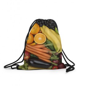 Рюкзак-мешок 3D с принтом Овощи и фрукты в Тюмени, 100% полиэстер | плотность ткани — 200 г/м2, размер — 35 х 45 см; лямки — толстые шнурки, застежка на шнуровке, без карманов и подкладки | апельсин | баклажан | банан | картофель | клубника | кукуруза | морковь | овощи | перец | фрукты | яблоки