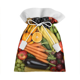 Подарочный 3D мешок с принтом Овощи и фрукты в Тюмени, 100% полиэстер | Размер: 29*39 см | апельсин | баклажан | банан | картофель | клубника | кукуруза | морковь | овощи | перец | фрукты | яблоки