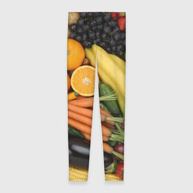Леггинсы 3D с принтом Овощи и фрукты в Тюмени, 80% полиэстер, 20% эластан | Эластичный пояс, зауженные к низу, низкая посадка | апельсин | баклажан | банан | картофель | клубника | кукуруза | морковь | овощи | перец | фрукты | яблоки