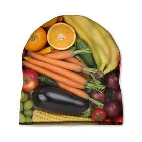 Шапка 3D с принтом Овощи и фрукты в Тюмени, 100% полиэстер | универсальный размер, печать по всей поверхности изделия | апельсин | баклажан | банан | картофель | клубника | кукуруза | морковь | овощи | перец | фрукты | яблоки