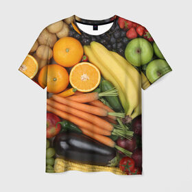 Мужская футболка 3D с принтом Овощи и фрукты в Тюмени, 100% полиэфир | прямой крой, круглый вырез горловины, длина до линии бедер | апельсин | баклажан | банан | картофель | клубника | кукуруза | морковь | овощи | перец | фрукты | яблоки