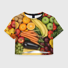 Женская футболка 3D укороченная с принтом Овощи и фрукты в Тюмени, 100% полиэстер | круглая горловина, длина футболки до линии талии, рукава с отворотами | апельсин | баклажан | банан | картофель | клубника | кукуруза | морковь | овощи | перец | фрукты | яблоки