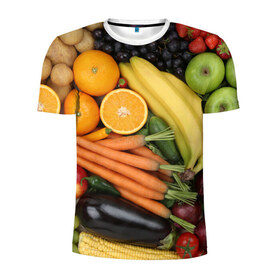 Мужская футболка 3D спортивная с принтом Овощи и фрукты в Тюмени, 100% полиэстер с улучшенными характеристиками | приталенный силуэт, круглая горловина, широкие плечи, сужается к линии бедра | Тематика изображения на принте: апельсин | баклажан | банан | картофель | клубника | кукуруза | морковь | овощи | перец | фрукты | яблоки