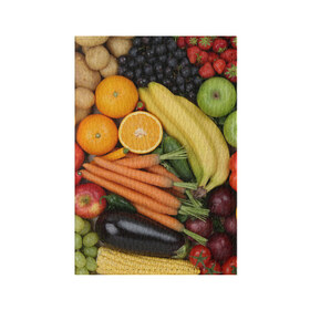 Обложка для паспорта матовая кожа с принтом Овощи и фрукты в Тюмени, натуральная матовая кожа | размер 19,3 х 13,7 см; прозрачные пластиковые крепления | Тематика изображения на принте: апельсин | баклажан | банан | картофель | клубника | кукуруза | морковь | овощи | перец | фрукты | яблоки