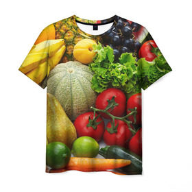 Мужская футболка 3D с принтом Богатый урожай в Тюмени, 100% полиэфир | прямой крой, круглый вырез горловины, длина до линии бедер | Тематика изображения на принте: апельсин | баклажан | банан | богатый урожай | виноград | горох | еда | кабачок | капуста | картофель | лимон | морковь | овощи | огурец | перец | персик | помидор | слива | сочные плоды | томат | тыква