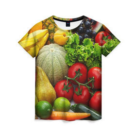 Женская футболка 3D с принтом Богатый урожай в Тюмени, 100% полиэфир ( синтетическое хлопкоподобное полотно) | прямой крой, круглый вырез горловины, длина до линии бедер | апельсин | баклажан | банан | богатый урожай | виноград | горох | еда | кабачок | капуста | картофель | лимон | морковь | овощи | огурец | перец | персик | помидор | слива | сочные плоды | томат | тыква