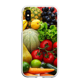Чехол для iPhone XS Max матовый с принтом Богатый урожай в Тюмени, Силикон | Область печати: задняя сторона чехла, без боковых панелей | Тематика изображения на принте: апельсин | баклажан | банан | богатый урожай | виноград | горох | еда | кабачок | капуста | картофель | лимон | морковь | овощи | огурец | перец | персик | помидор | слива | сочные плоды | томат | тыква