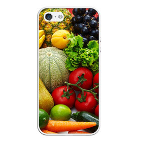 Чехол для iPhone 5/5S матовый с принтом Богатый урожай в Тюмени, Силикон | Область печати: задняя сторона чехла, без боковых панелей | Тематика изображения на принте: апельсин | баклажан | банан | богатый урожай | виноград | горох | еда | кабачок | капуста | картофель | лимон | морковь | овощи | огурец | перец | персик | помидор | слива | сочные плоды | томат | тыква