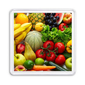 Магнит 55*55 с принтом Богатый урожай в Тюмени, Пластик | Размер: 65*65 мм; Размер печати: 55*55 мм | апельсин | баклажан | банан | богатый урожай | виноград | горох | еда | кабачок | капуста | картофель | лимон | морковь | овощи | огурец | перец | персик | помидор | слива | сочные плоды | томат | тыква