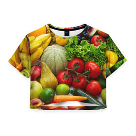 Женская футболка 3D укороченная с принтом Богатый урожай в Тюмени, 100% полиэстер | круглая горловина, длина футболки до линии талии, рукава с отворотами | апельсин | баклажан | банан | богатый урожай | виноград | горох | еда | кабачок | капуста | картофель | лимон | морковь | овощи | огурец | перец | персик | помидор | слива | сочные плоды | томат | тыква