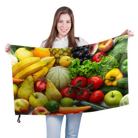 Флаг 3D с принтом Богатый урожай в Тюмени, 100% полиэстер | плотность ткани — 95 г/м2, размер — 67 х 109 см. Принт наносится с одной стороны | апельсин | баклажан | банан | богатый урожай | виноград | горох | еда | кабачок | капуста | картофель | лимон | морковь | овощи | огурец | перец | персик | помидор | слива | сочные плоды | томат | тыква