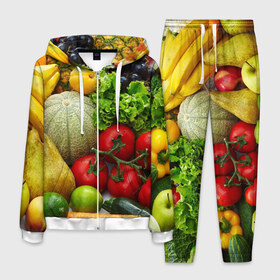 Мужской костюм 3D с принтом Богатый урожай в Тюмени, 100% полиэстер | Манжеты и пояс оформлены тканевой резинкой, двухслойный капюшон со шнурком для регулировки, карманы спереди | апельсин | баклажан | банан | богатый урожай | виноград | горох | еда | кабачок | капуста | картофель | лимон | морковь | овощи | огурец | перец | персик | помидор | слива | сочные плоды | томат | тыква