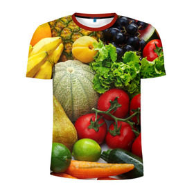 Мужская футболка 3D спортивная с принтом Богатый урожай в Тюмени, 100% полиэстер с улучшенными характеристиками | приталенный силуэт, круглая горловина, широкие плечи, сужается к линии бедра | апельсин | баклажан | банан | богатый урожай | виноград | горох | еда | кабачок | капуста | картофель | лимон | морковь | овощи | огурец | перец | персик | помидор | слива | сочные плоды | томат | тыква