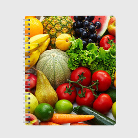 Тетрадь с принтом Богатый урожай в Тюмени, 100% бумага | 48 листов, плотность листов — 60 г/м2, плотность картонной обложки — 250 г/м2. Листы скреплены сбоку удобной пружинной спиралью. Уголки страниц и обложки скругленные. Цвет линий — светло-серый
 | апельсин | баклажан | банан | богатый урожай | виноград | горох | еда | кабачок | капуста | картофель | лимон | морковь | овощи | огурец | перец | персик | помидор | слива | сочные плоды | томат | тыква