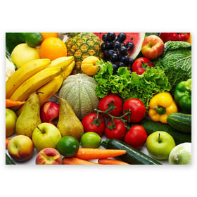 Поздравительная открытка с принтом Богатый урожай в Тюмени, 100% бумага | плотность бумаги 280 г/м2, матовая, на обратной стороне линовка и место для марки
 | апельсин | баклажан | банан | богатый урожай | виноград | горох | еда | кабачок | капуста | картофель | лимон | морковь | овощи | огурец | перец | персик | помидор | слива | сочные плоды | томат | тыква