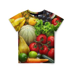 Детская футболка 3D с принтом Богатый урожай в Тюмени, 100% гипоаллергенный полиэфир | прямой крой, круглый вырез горловины, длина до линии бедер, чуть спущенное плечо, ткань немного тянется | апельсин | баклажан | банан | богатый урожай | виноград | горох | еда | кабачок | капуста | картофель | лимон | морковь | овощи | огурец | перец | персик | помидор | слива | сочные плоды | томат | тыква