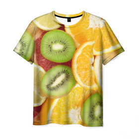 Мужская футболка 3D с принтом Сочные фрукты в Тюмени, 100% полиэфир | прямой крой, круглый вырез горловины, длина до линии бедер | апельсин | грейпфрут | десерт | дольки | киви | кусочки фруктов | лайм | лимон | разрез | сечение | фреш | фрукты | цитрусовые