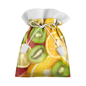 Подарочный 3D мешок с принтом Сочные фрукты в Тюмени, 100% полиэстер | Размер: 29*39 см | апельсин | грейпфрут | десерт | дольки | киви | кусочки фруктов | лайм | лимон | разрез | сечение | фреш | фрукты | цитрусовые