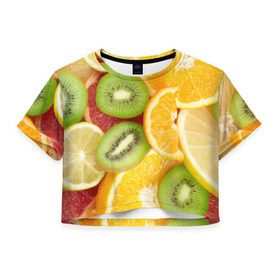 Женская футболка 3D укороченная с принтом Сочные фрукты в Тюмени, 100% полиэстер | круглая горловина, длина футболки до линии талии, рукава с отворотами | апельсин | грейпфрут | десерт | дольки | киви | кусочки фруктов | лайм | лимон | разрез | сечение | фреш | фрукты | цитрусовые