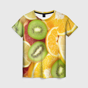 Женская футболка 3D с принтом Сочные фрукты в Тюмени, 100% полиэфир ( синтетическое хлопкоподобное полотно) | прямой крой, круглый вырез горловины, длина до линии бедер | апельсин | грейпфрут | десерт | дольки | киви | кусочки фруктов | лайм | лимон | разрез | сечение | фреш | фрукты | цитрусовые