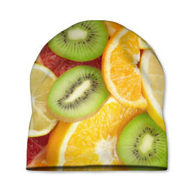 Шапка 3D с принтом Сочные фрукты в Тюмени, 100% полиэстер | универсальный размер, печать по всей поверхности изделия | Тематика изображения на принте: апельсин | грейпфрут | десерт | дольки | киви | кусочки фруктов | лайм | лимон | разрез | сечение | фреш | фрукты | цитрусовые