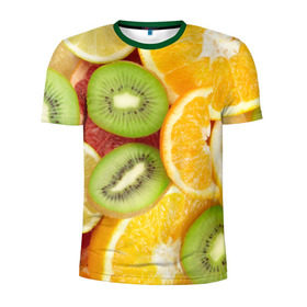 Мужская футболка 3D спортивная с принтом Сочные фрукты в Тюмени, 100% полиэстер с улучшенными характеристиками | приталенный силуэт, круглая горловина, широкие плечи, сужается к линии бедра | апельсин | грейпфрут | десерт | дольки | киви | кусочки фруктов | лайм | лимон | разрез | сечение | фреш | фрукты | цитрусовые