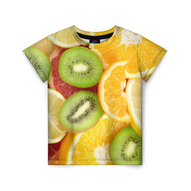 Детская футболка 3D с принтом Сочные фрукты в Тюмени, 100% гипоаллергенный полиэфир | прямой крой, круглый вырез горловины, длина до линии бедер, чуть спущенное плечо, ткань немного тянется | апельсин | грейпфрут | десерт | дольки | киви | кусочки фруктов | лайм | лимон | разрез | сечение | фреш | фрукты | цитрусовые