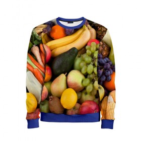 Детский свитшот 3D с принтом Спелые фрукты в Тюмени, 100% полиэстер | свободная посадка, прямой крой, мягкая тканевая резинка на рукавах и понизу свитшота | Тематика изображения на принте: ананас | арбуз | банан | богатый урожай | виноград | горох | груша | еда | капуста | картофель | лук | морковь | овощи | огурец | перец | персик | слива | сочные плоды | томат | фасоль | фрукты | яблоко