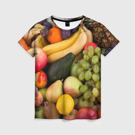 Женская футболка 3D с принтом Спелые фрукты в Тюмени, 100% полиэфир ( синтетическое хлопкоподобное полотно) | прямой крой, круглый вырез горловины, длина до линии бедер | ананас | арбуз | банан | богатый урожай | виноград | горох | груша | еда | капуста | картофель | лук | морковь | овощи | огурец | перец | персик | слива | сочные плоды | томат | фасоль | фрукты | яблоко