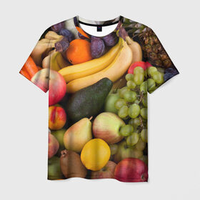 Мужская футболка 3D с принтом Спелые фрукты в Тюмени, 100% полиэфир | прямой крой, круглый вырез горловины, длина до линии бедер | Тематика изображения на принте: ананас | арбуз | банан | богатый урожай | виноград | горох | груша | еда | капуста | картофель | лук | морковь | овощи | огурец | перец | персик | слива | сочные плоды | томат | фасоль | фрукты | яблоко