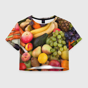 Женская футболка 3D укороченная с принтом Спелые фрукты в Тюмени, 100% полиэстер | круглая горловина, длина футболки до линии талии, рукава с отворотами | ананас | арбуз | банан | богатый урожай | виноград | горох | груша | еда | капуста | картофель | лук | морковь | овощи | огурец | перец | персик | слива | сочные плоды | томат | фасоль | фрукты | яблоко