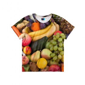 Детская футболка 3D с принтом Спелые фрукты в Тюмени, 100% гипоаллергенный полиэфир | прямой крой, круглый вырез горловины, длина до линии бедер, чуть спущенное плечо, ткань немного тянется | Тематика изображения на принте: ананас | арбуз | банан | богатый урожай | виноград | горох | груша | еда | капуста | картофель | лук | морковь | овощи | огурец | перец | персик | слива | сочные плоды | томат | фасоль | фрукты | яблоко