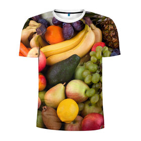 Мужская футболка 3D спортивная с принтом Спелые фрукты в Тюмени, 100% полиэстер с улучшенными характеристиками | приталенный силуэт, круглая горловина, широкие плечи, сужается к линии бедра | ананас | арбуз | банан | богатый урожай | виноград | горох | груша | еда | капуста | картофель | лук | морковь | овощи | огурец | перец | персик | слива | сочные плоды | томат | фасоль | фрукты | яблоко