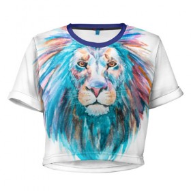 Женская футболка 3D укороченная с принтом Живописный лев в Тюмени, 100% полиэстер | круглая горловина, длина футболки до линии талии, рукава с отворотами | lion | грива | дикая кошка | добыча | животное | зверь | искусство | картина | клыки | когти | король джунглей | лев | макет | мясо | набросок | портрет | хищник | царь зверей | эскиз