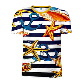 Мужская футболка 3D спортивная с принтом Моряк в Тюмени, 100% полиэстер с улучшенными характеристиками | приталенный силуэт, круглая горловина, широкие плечи, сужается к линии бедра | звезда | полосы | ракушки | якорь