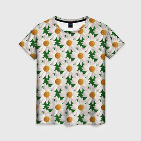 Женская футболка 3D с принтом Ромашки в Тюмени, 100% полиэфир ( синтетическое хлопкоподобное полотно) | прямой крой, круглый вырез горловины, длина до линии бедер | лето | природа | цветы
