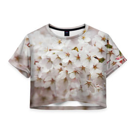 Женская футболка 3D укороченная с принтом Весеннее цветение в Тюмени, 100% полиэстер | круглая горловина, длина футболки до линии талии, рукава с отворотами | Тематика изображения на принте: белый | весна | лепестки | прикольные картинки | цветочки | цветы