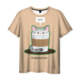 Мужская футболка 3D с принтом Catpuccino в Тюмени, 100% полиэфир | прямой крой, круглый вырез горловины, длина до линии бедер | Тематика изображения на принте: capuccino | cat | catpuccino | meow | капуччино | кот | котпуччино | кофе | мяу | стакан