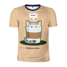 Мужская футболка 3D спортивная с принтом Catpuccino в Тюмени, 100% полиэстер с улучшенными характеристиками | приталенный силуэт, круглая горловина, широкие плечи, сужается к линии бедра | capuccino | cat | catpuccino | meow | капуччино | кот | котпуччино | кофе | мяу | стакан