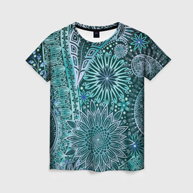 Женская футболка 3D с принтом Стихия страсти в Тюмени, 100% полиэфир ( синтетическое хлопкоподобное полотно) | прямой крой, круглый вырез горловины, длина до линии бедер | винтаж | воздушный | индийские | кружева | новинки | узор | цветок | цветочный | этнические