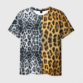 Мужская футболка 3D с принтом Леопард/Снежный Барс в Тюмени, 100% полиэфир | прямой крой, круглый вырез горловины, длина до линии бедер | textures | барс | животное | леопард | пятна | снежный | текстура | чёрное с белым